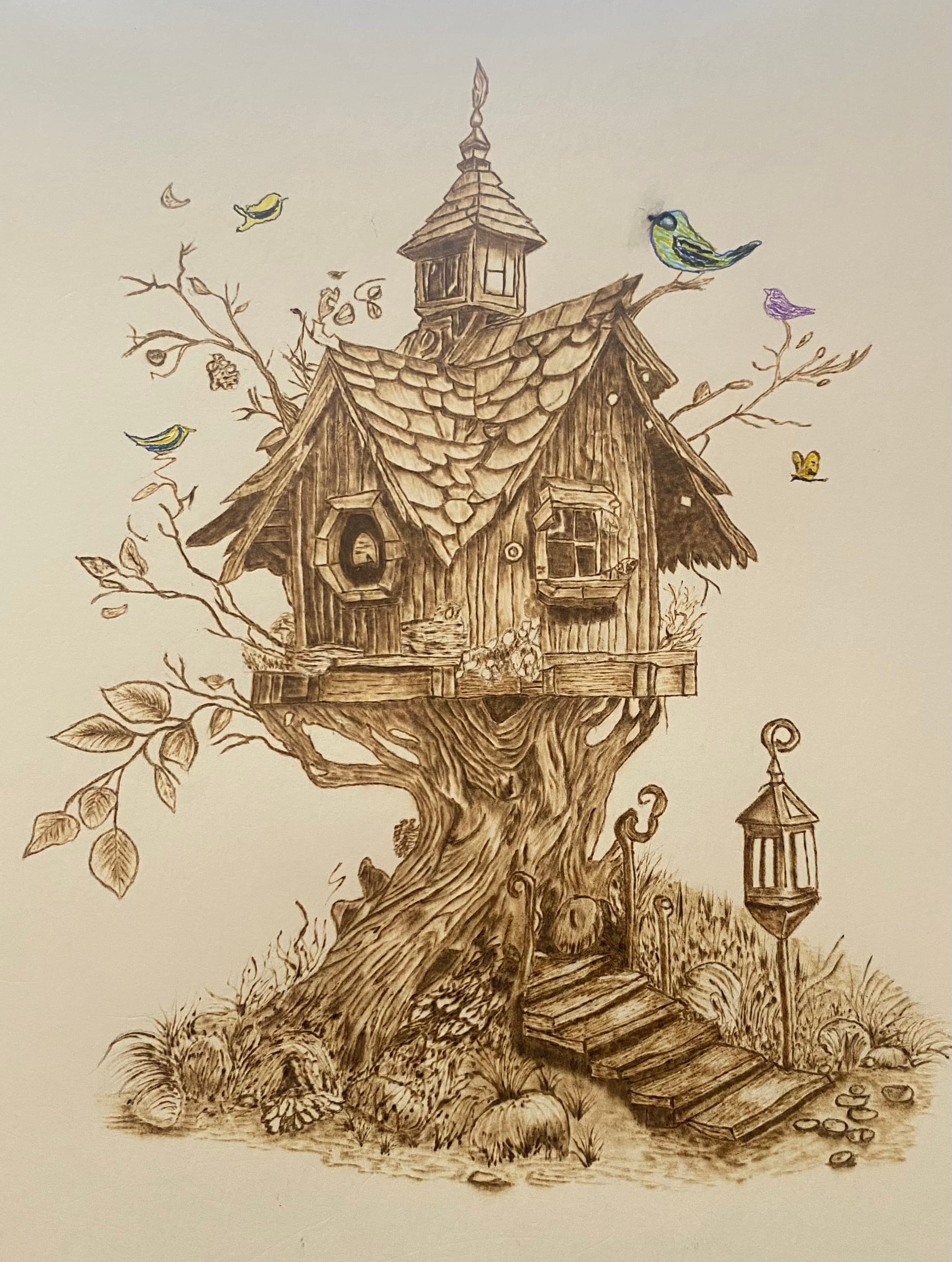 Custom Pyrography Artwork - Whimsical Treehouse Retreat
